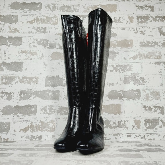 NEW Franco Sarto Talfer Knee High Faux Leather Black Croc Boots T541 - Picture 2 of 12